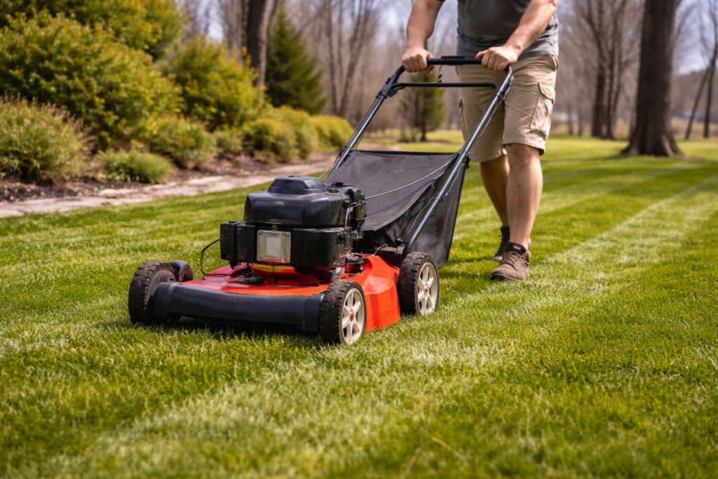 Person Mowing A Green Lawn